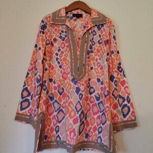 Dana Buchman Womens Med/ Lg Tunic Top Peach Pink Print Collar Notch Neck Stretch